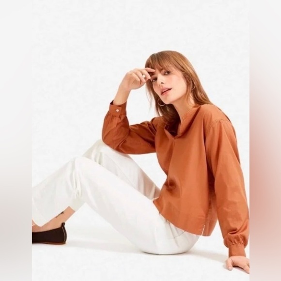 Everlane The Silky Cotton Split Neck Blouse in Tawny Brown 2 - Picture 2 of 7